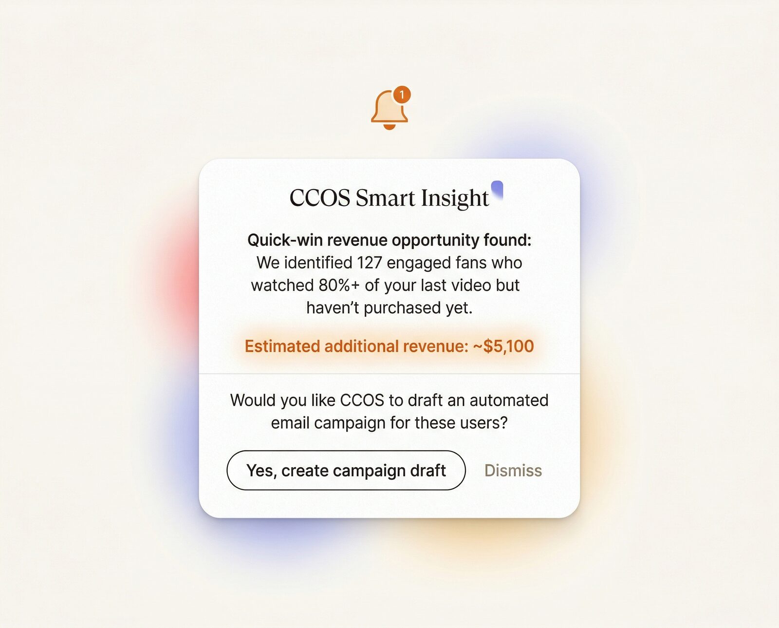 Editorial illustration showing CCOS surfacing a quick-win business opportunity and offering to create the follow-up campaign