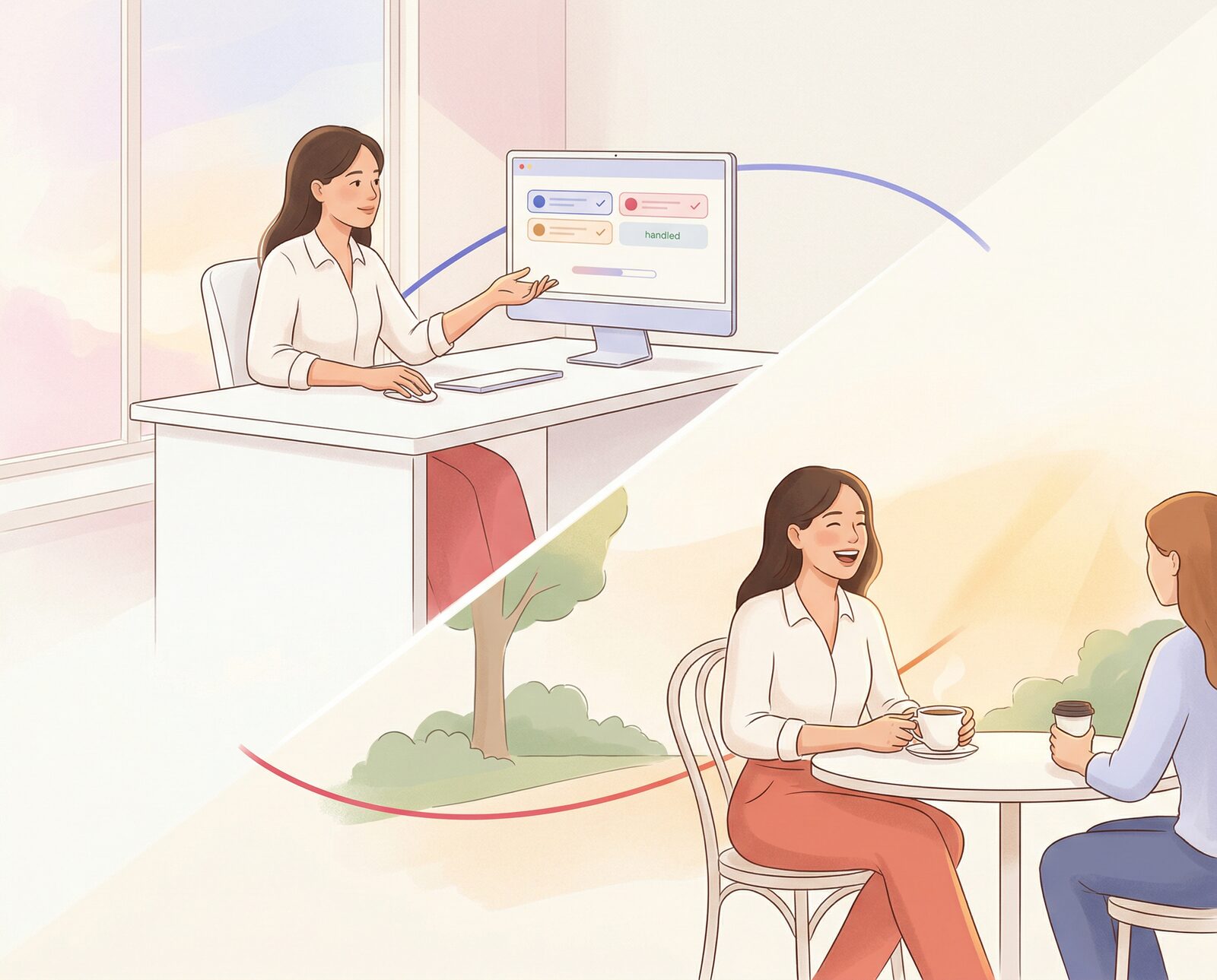 Editorial illustration showing the same creator working with CCOS and then enjoying life away from the computer