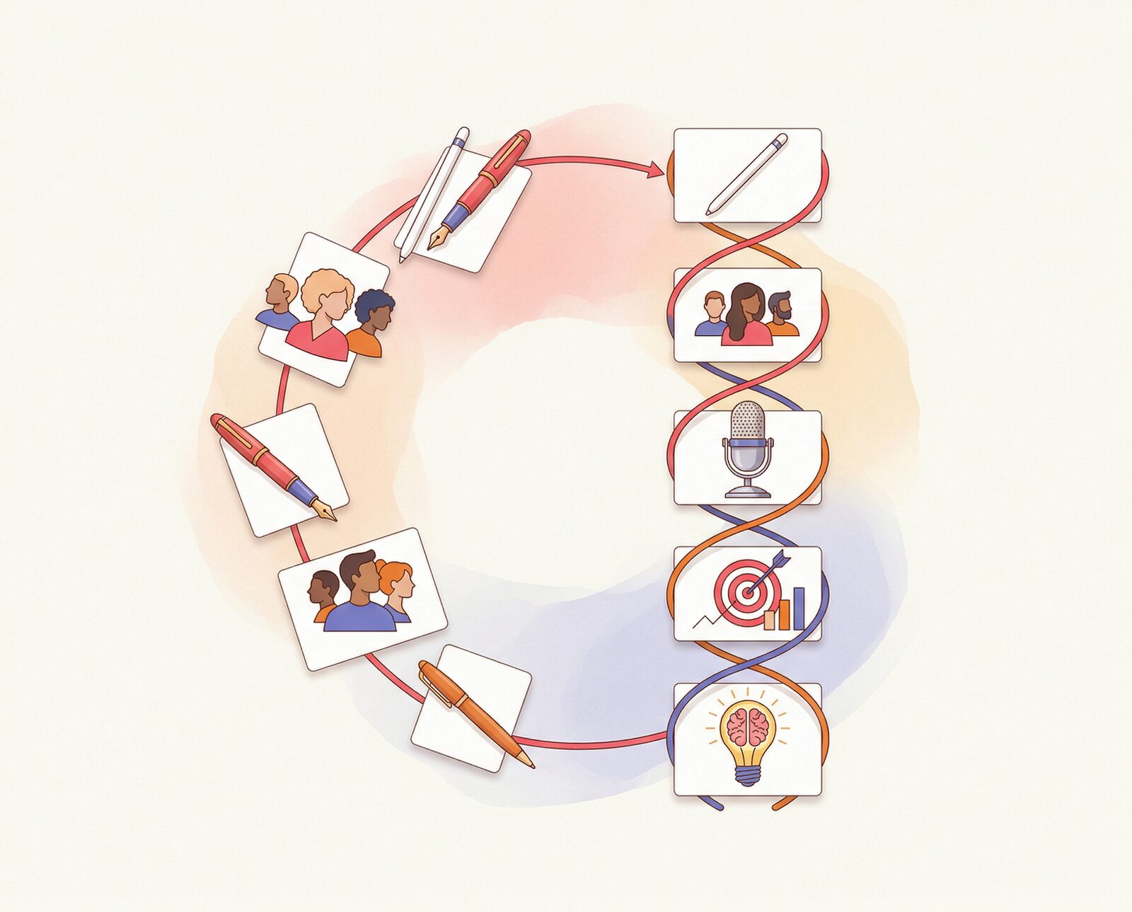 Editorial illustration showing a creator's expertise being organized into a structured system
