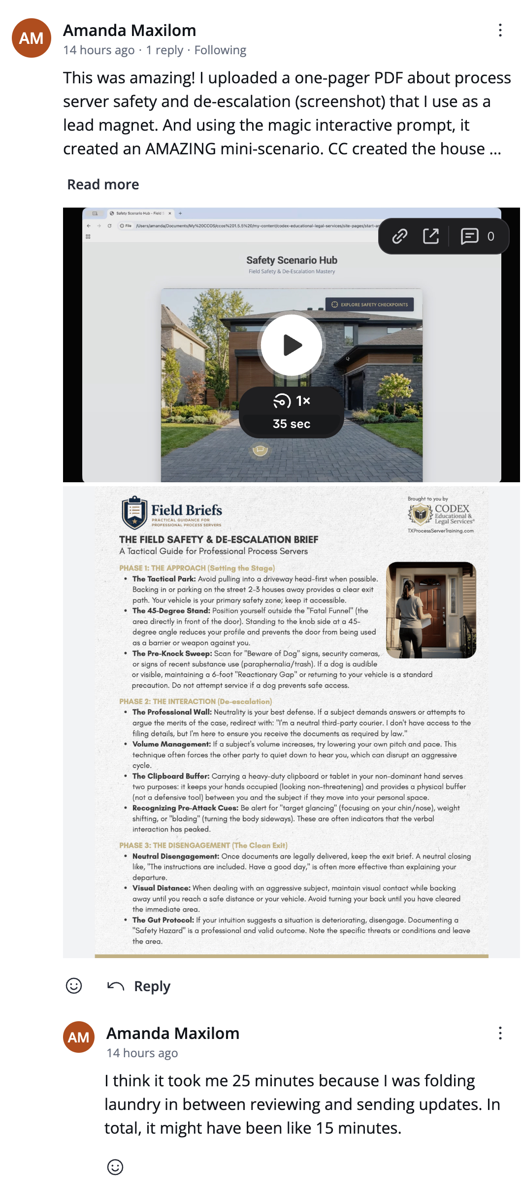 Community post screenshot about turning a PDF into an interactive scenario.