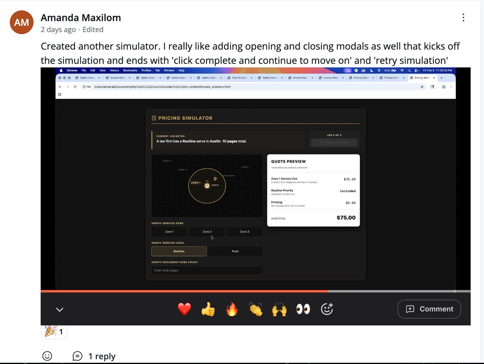 Screenshot of Amanda’s pricing simulator post.