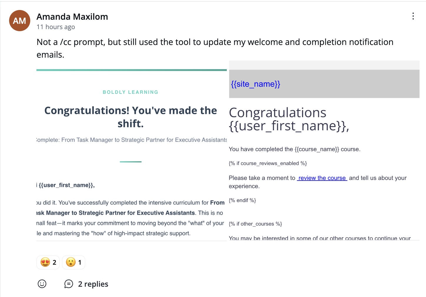 Community post screenshot showing Amanda’s branded email template update.