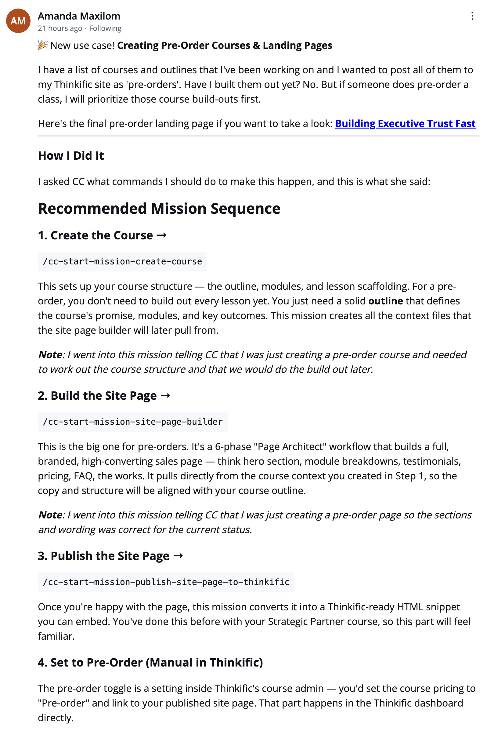 Community post screenshot about Amanda’s pre-order mission sequence.