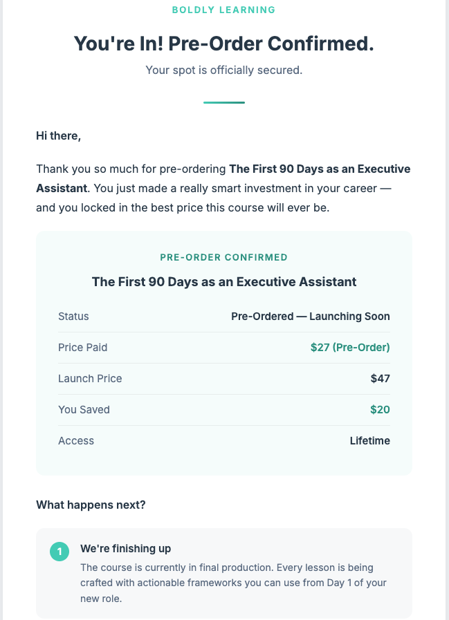 First branded email screenshot from Amanda’s pre-order workflow.