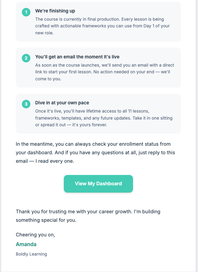 Second branded email screenshot from Amanda’s pre-order workflow.