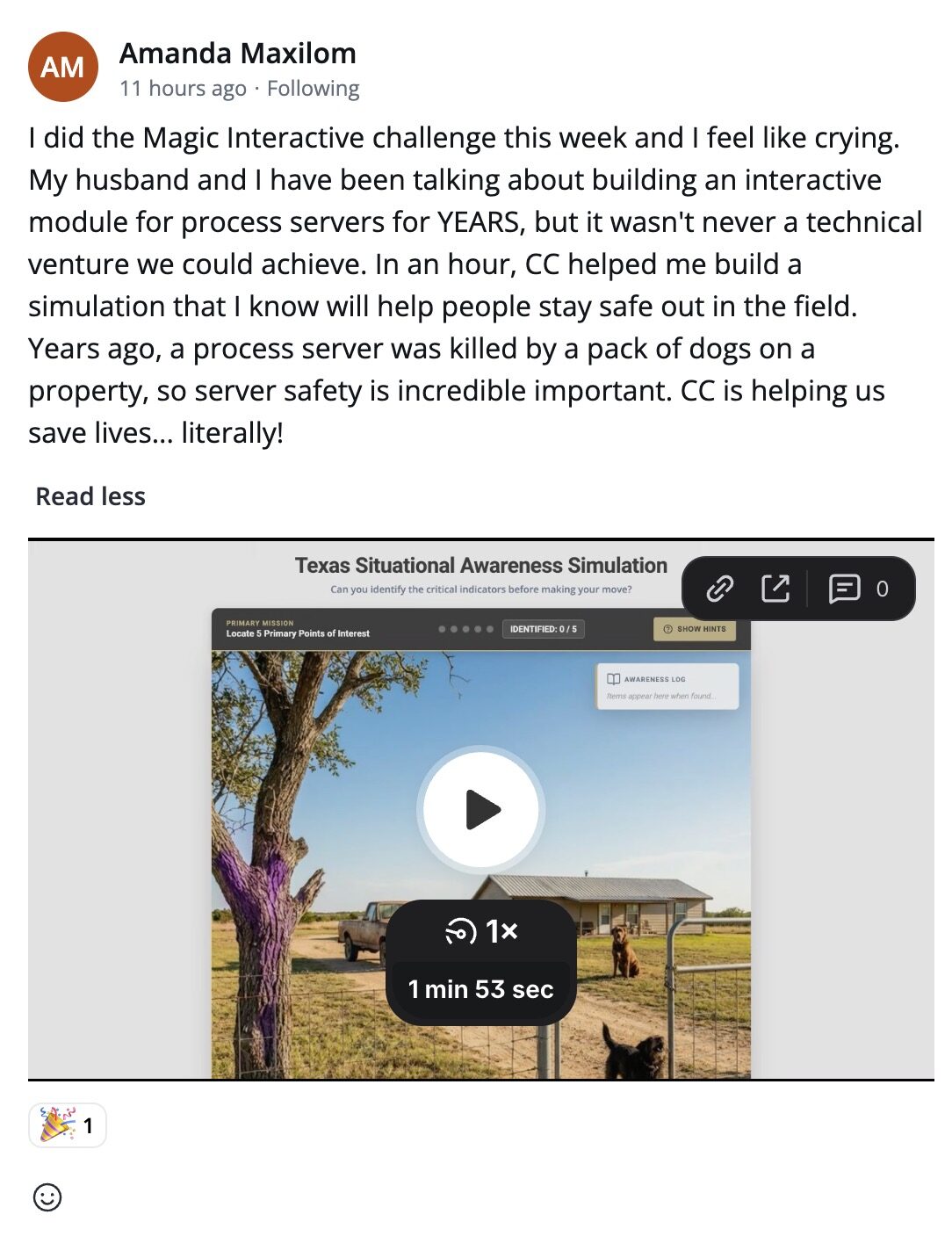 Community post screenshot about Amanda building a life-saving simulation with CCOS.