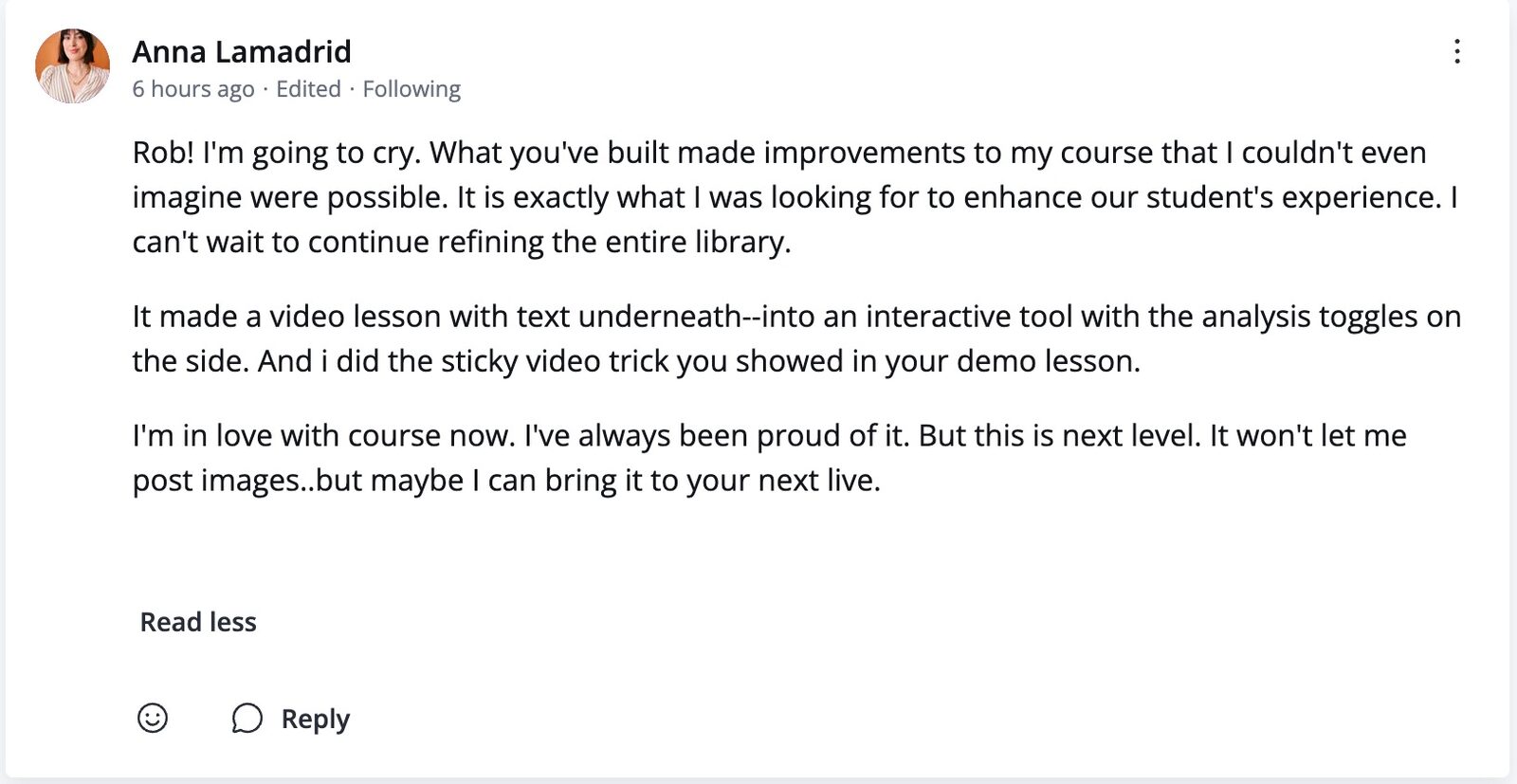 Community post screenshot from Anna about an interactive video analysis lesson.