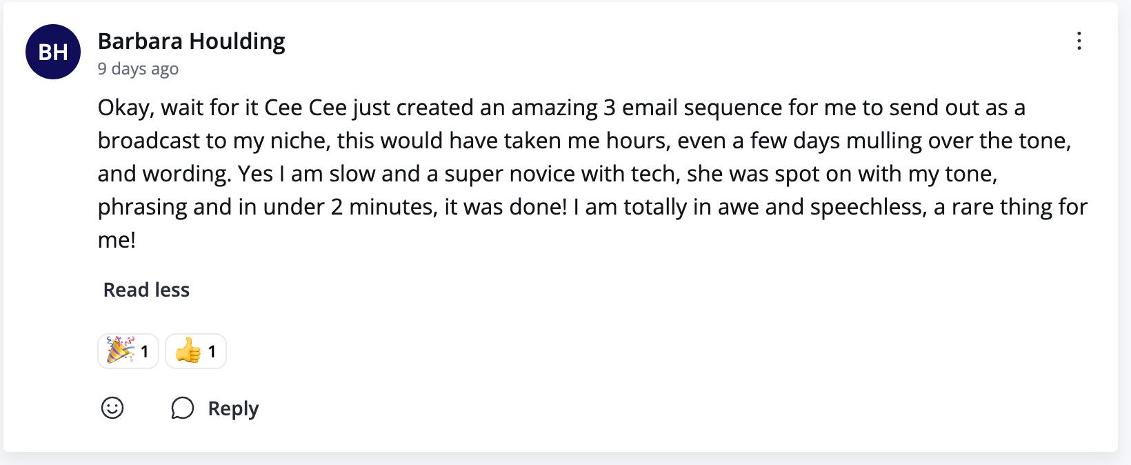 Community post screenshot about building an email sequence quickly.