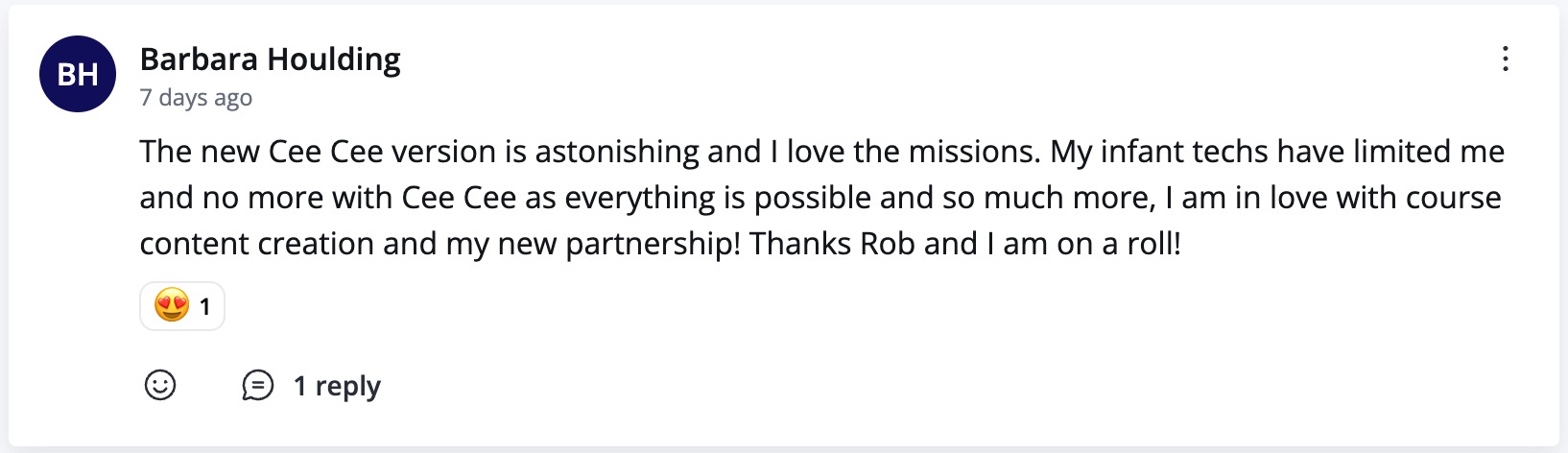 Community post screenshot from Barbara praising the missions inside CCOS.