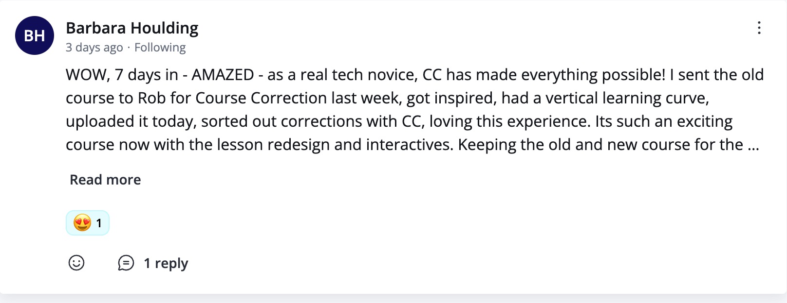 Community post screenshot from Barbara describing herself as a tech novice.
