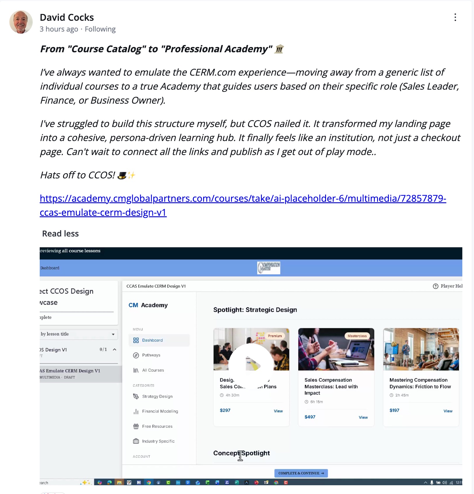Community post screenshot from David about building a professional academy experience.