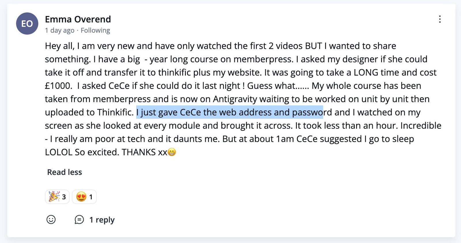 Community post screenshot about saving money and time on a migration.