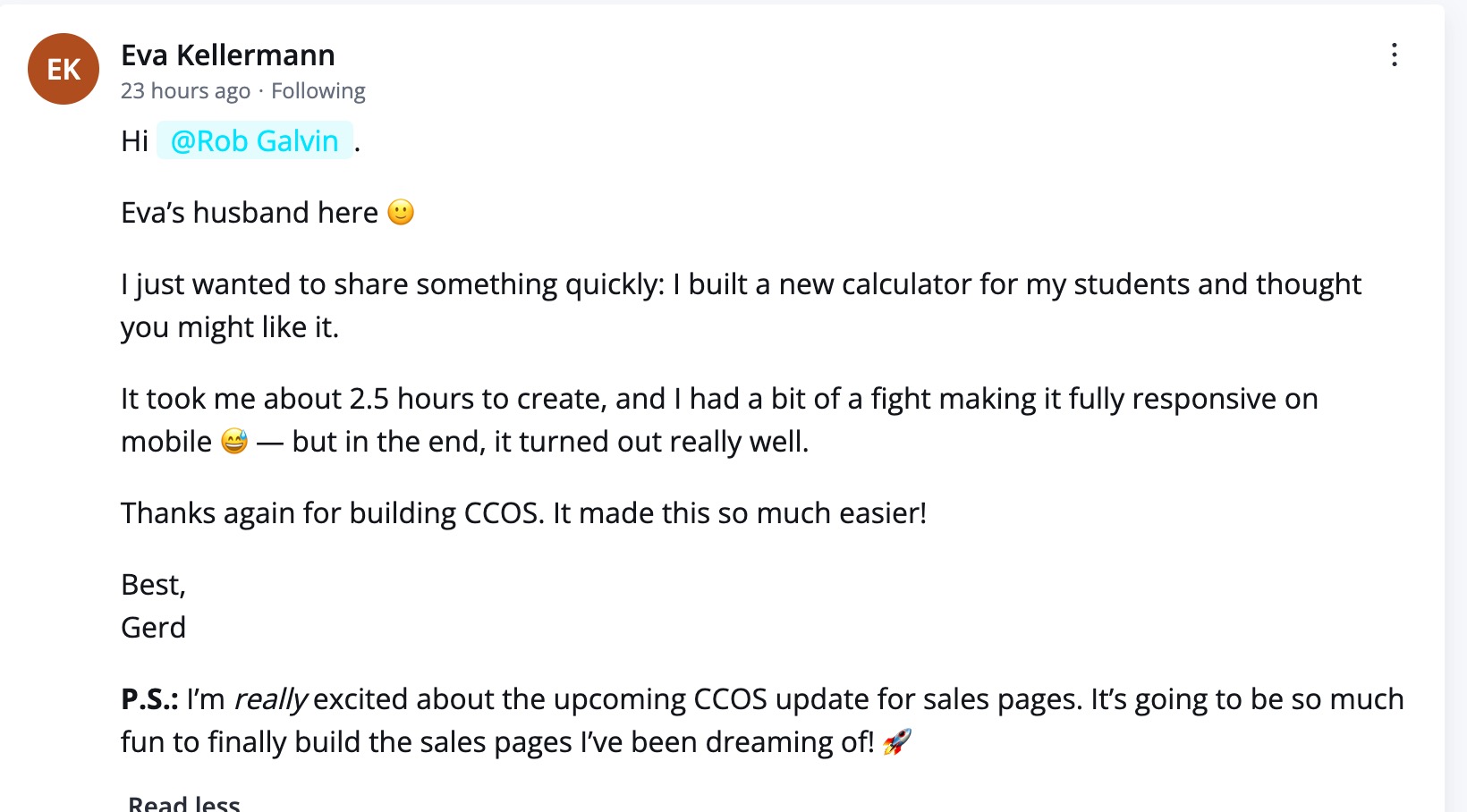 Community post screenshot from Gerd about building a new calculator for students.