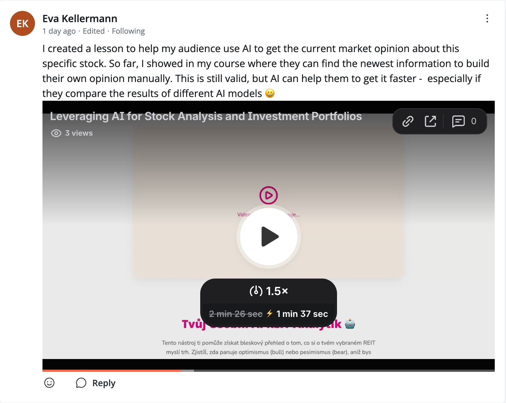 Community post screenshot related to Gerd’s stock analysis AI helper.