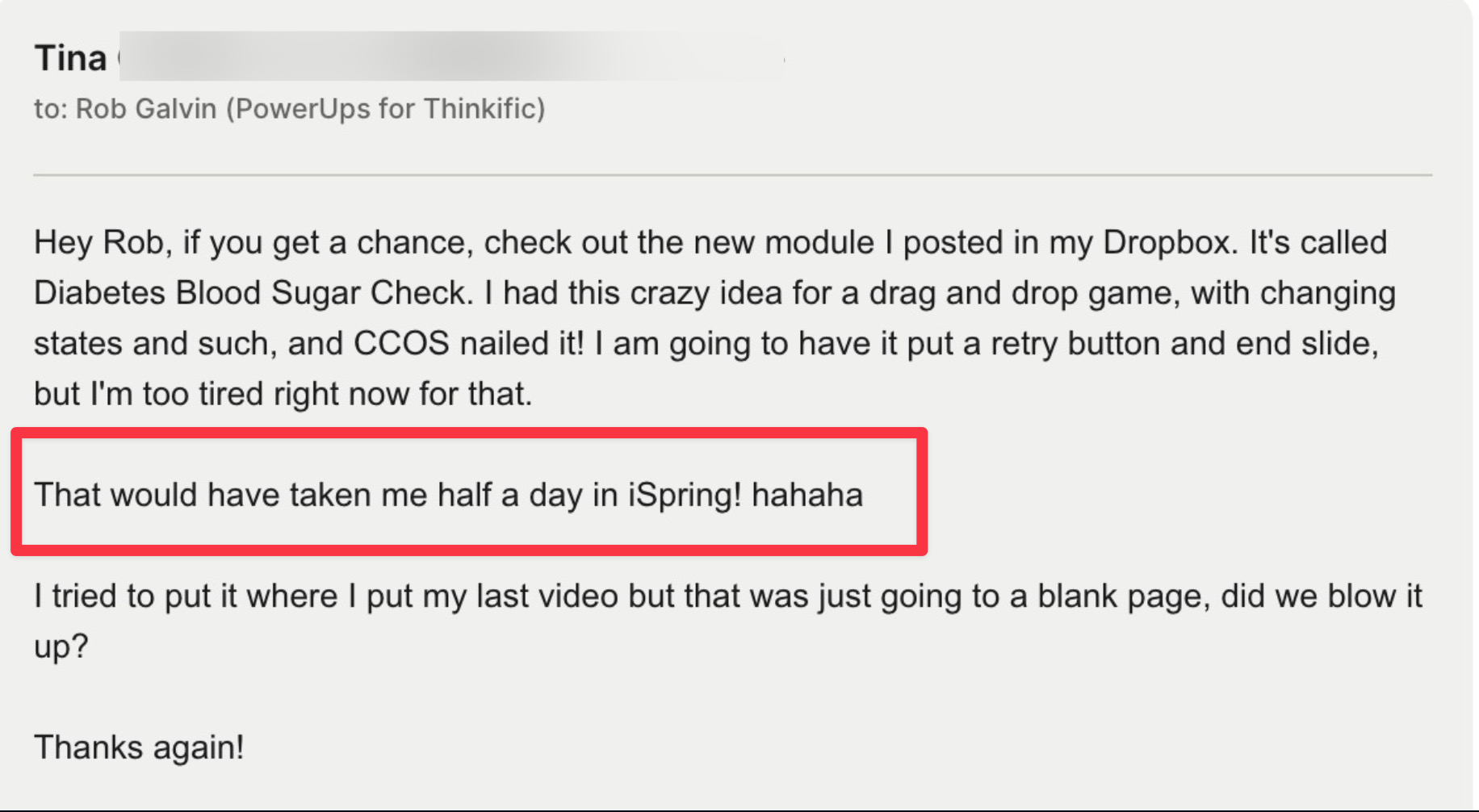 Community post screenshot comparing a CCOS result to time spent in iSpring.