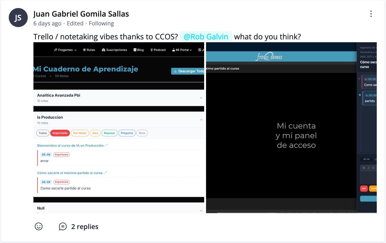 Community post screenshot from Juan showing a Trello-style learning notebook.