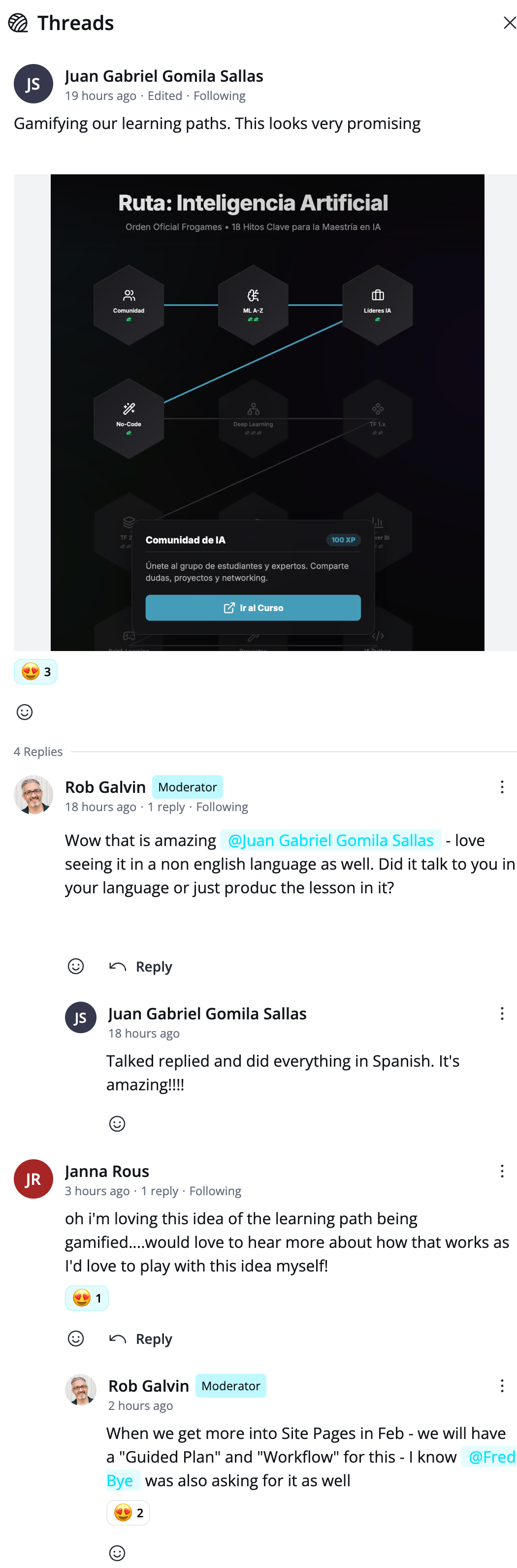 Community post screenshot from Juan showing a gamified learning path.