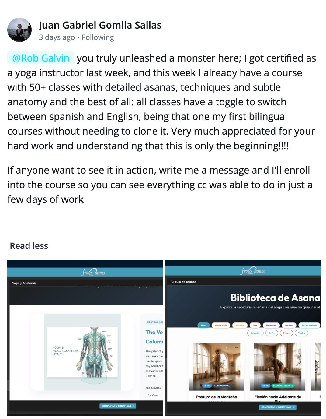 Community post screenshot from Juan about a large bilingual course build.