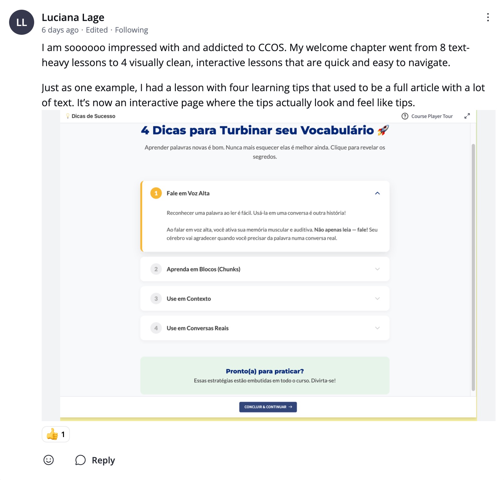 Community post screenshot from Luciana about consolidating text-heavy lessons into cleaner interactives.