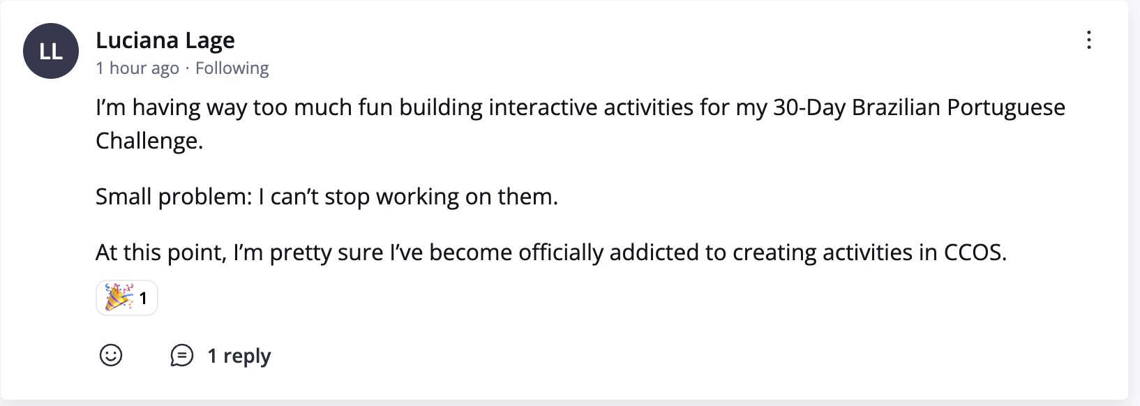 Community post screenshot from Luciana about having fun building activities in CCOS.