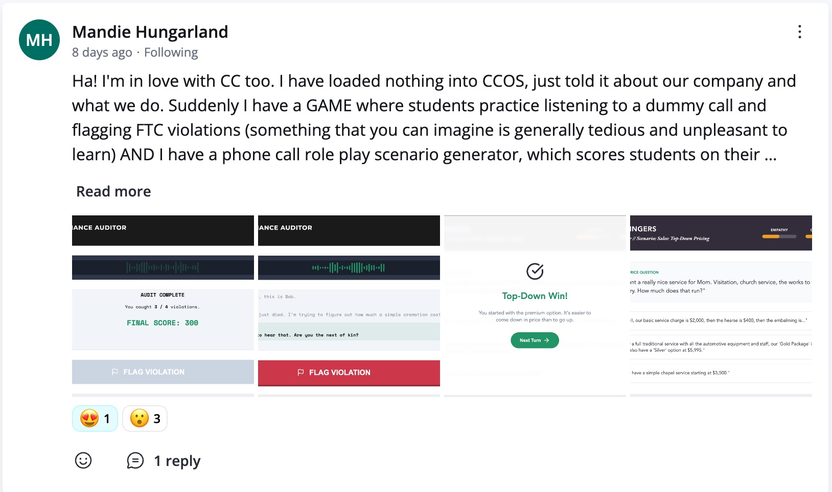 Community post screenshot from Mandie about a role-play scenario generator.