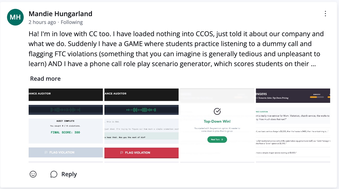 Community post screenshot from Mandie showing a training game built with CCOS.