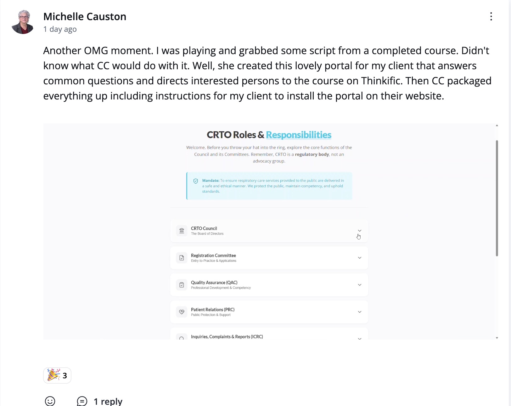 Community post screenshot from Michelle about building a client portal and scenario prototype.