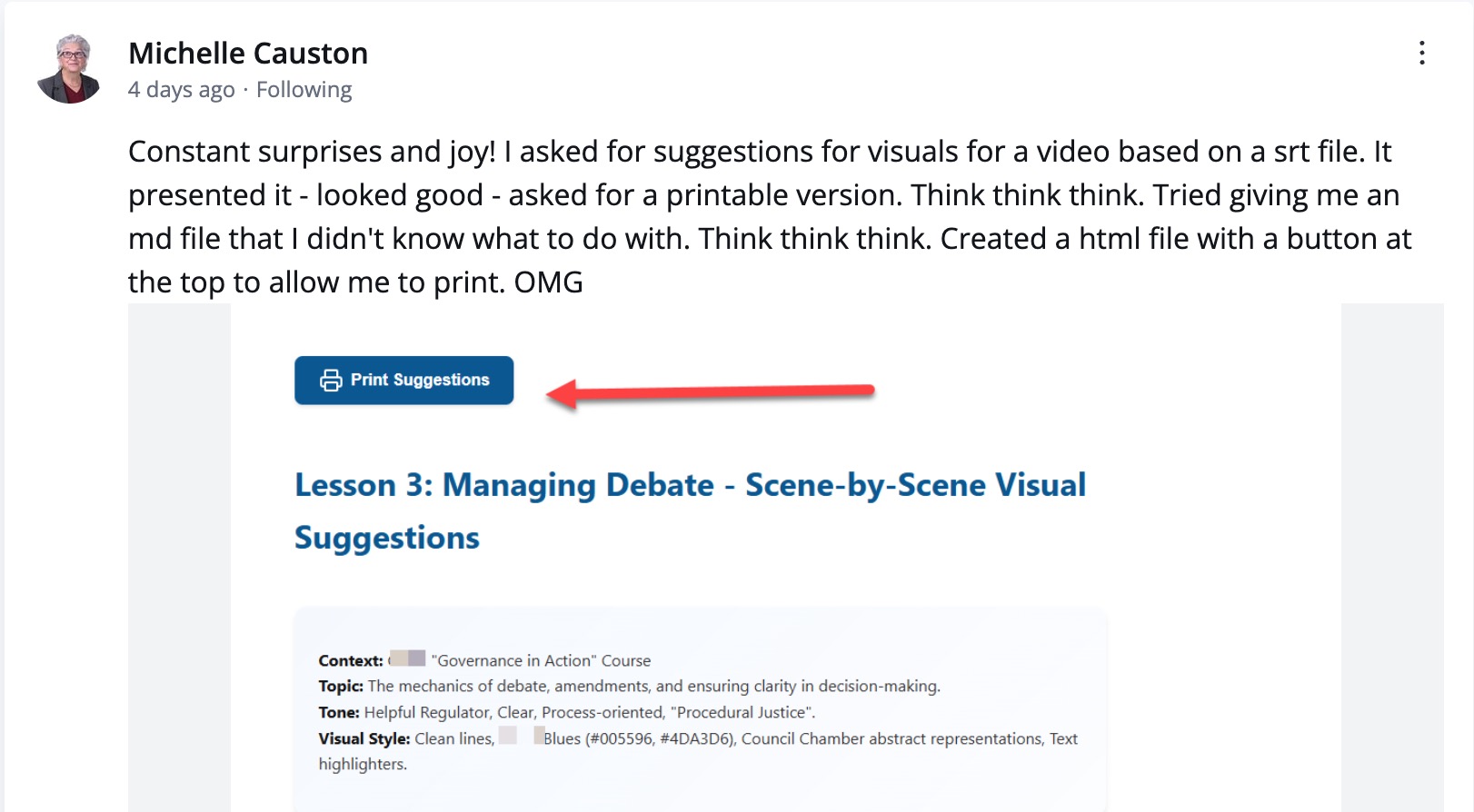Community post screenshot from Michelle about a printable custom tool.