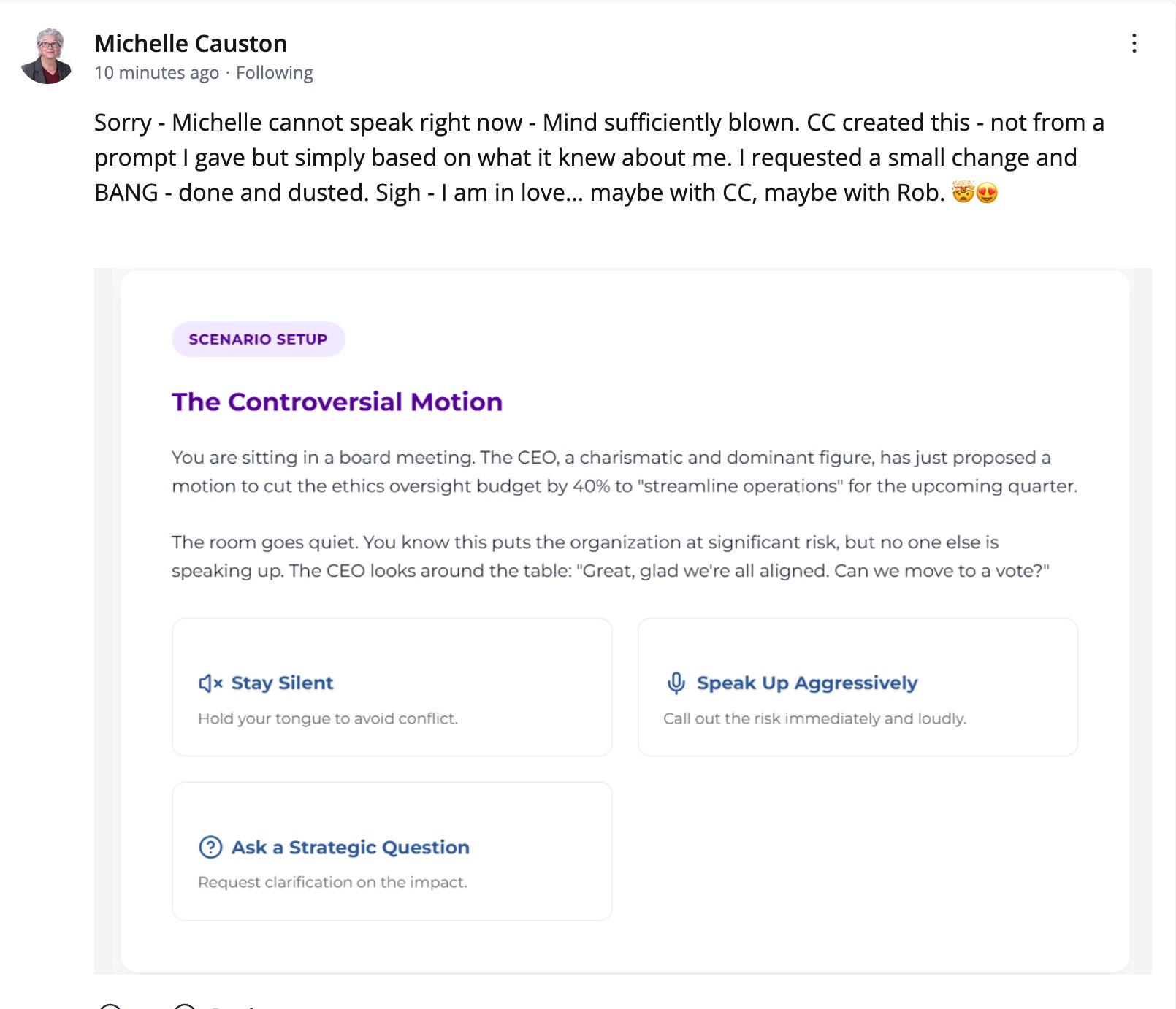 Community post screenshot from Michelle about CCOS understanding her context.