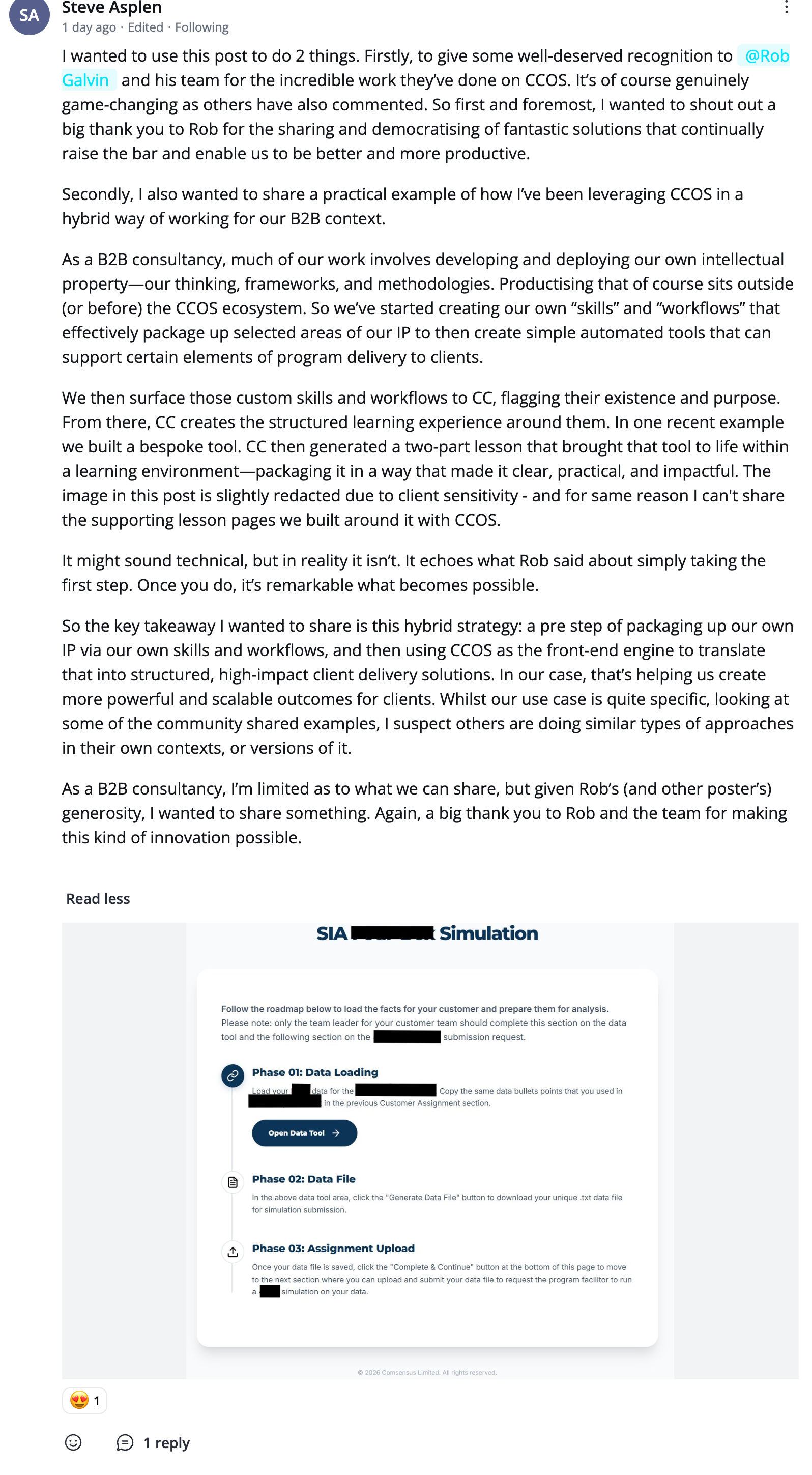 Community post screenshot from Steve about using CCOS as a front-end engine.