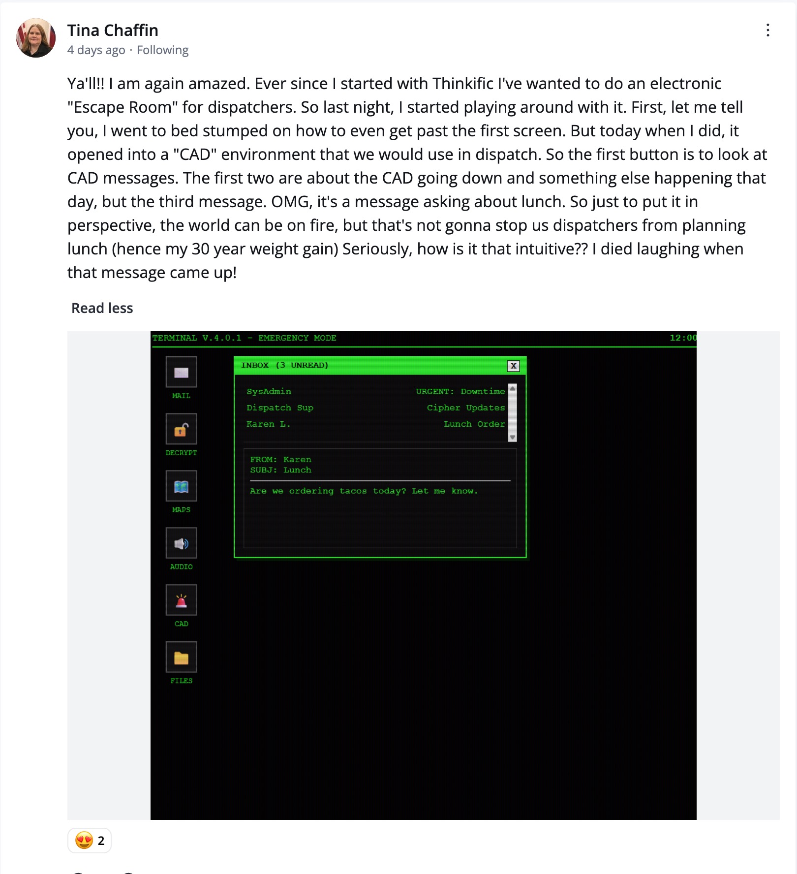 Community post screenshot from Tina about an escape-room style dispatcher simulation.